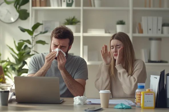 Ein kranker Arbeitnehmer sitzt hustend und niesend am Arbeitsplatz, während sich eine Frau dabei eklet – das Bild veranschaulicht das Problem des Präsentismus und die Bedeutung eines gesunden Arbeitsumfelds.  Title: